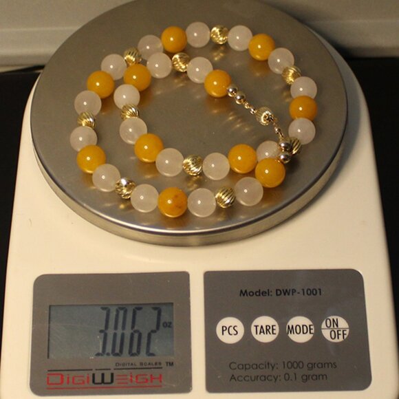 14K JADEITE BEAD NECKLACE - 12-13 MM STONES - LARGE CLASP -9 MM GOLD BEADS - Picture 11 of 12